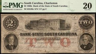 1861 $2 Two Dollar South Carolina Bank Note Large Currency Paper Money Pmg 20