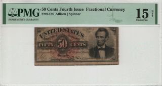 50 Cent Fourth Issue Postal Fractional Currency Fr.  1374 Lincoln Pmg Fine 15 Net
