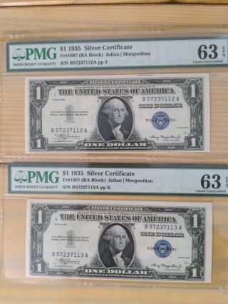 1935 $1 One Dollar Us Note 2 Consecutive Pmg 63 Eqp