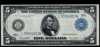 Sc 1914 $5 L - 12 San Francisco Federal Reserve Note Vf,  Beauty