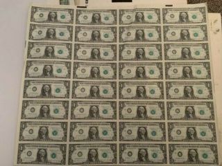 Uncut Sheet Of 32 $1 One Dollar Bills U.  S.  Paper Currency Notes Series 1988 A