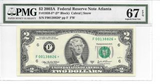 2003a Atlanta Star Note $2 Frn (f Block) Pmg 67 Epq Gem Uncirculated
