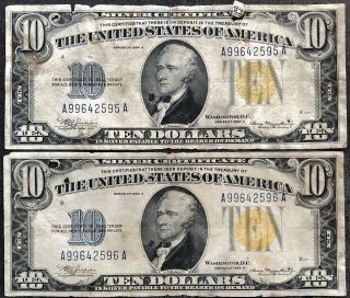 2x 10 Dollar 1934 A Silver Certificate North Africa Yellow Consecutive 14428