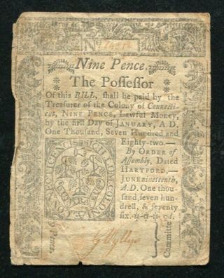 Ct - 206 June 19,  1776 9d Nine Pence Connecticut Colonial Currency Note