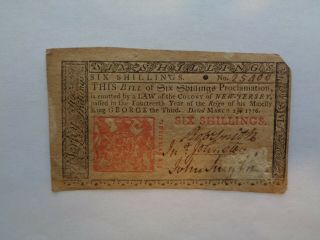 March 25,  1776 Six (6) Shillings Jersey Colonial Currency Note