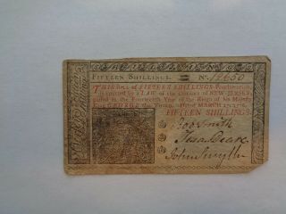 March 25,  1776 Fifteen (15) Shillings Jersey Colonial Currency Note