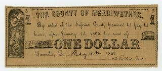1862 $1 The County Of Merriwether - Greenville,  Georgia Note Civil War Era