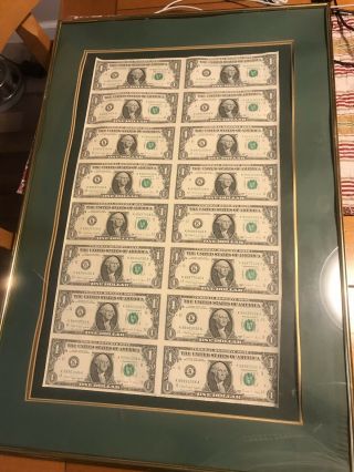 Uncut Sheet 16 $1 One Dollar Bills - 1988 Currency Notes - Framed And Matted.
