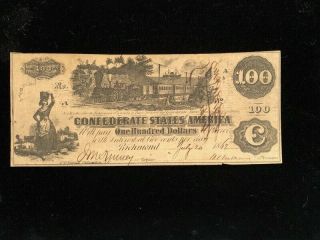 1862 Civil War Confederate Currency $100 Note Extra Fine