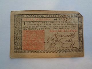 March 25,  1776 Three (3) Shillings Jersey Colonial Currency Note
