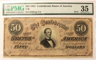 T - 66 $50 1864 Confederate Currency Csa Pmg 35 Vf Pf - 6 R9 " 3 Over 1 " Series Rv