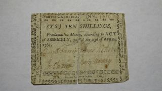 1761 Ten Shillings North Carolina Nc Colonial Currency Note Bill 10s April 23