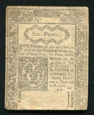 Ct - 205 June 19,  1776 6d Six Pence Connecticut Colonial Currency Note