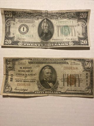 1929 $50 Dollar Bill Brown Seal Bank Note Old Paper Money And 1934 $20 Dollar