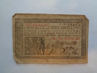 March 25,  1776 One (1) Shilling Jersey Colonial Currency Note