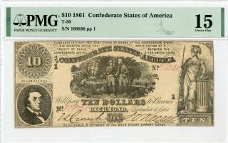 1861 T - 30 $10 Confederate States Of America Note - Civil War Era Pmg Ch.  F 15