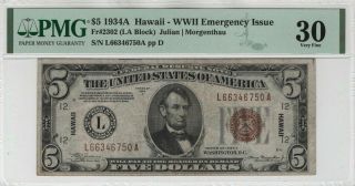 1934 A $5 Federal Reserve Note Fr.  2302 Hawaii Overprint Pmg Very Fine Vf 30