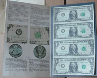 Uncut Uncirculated Sheet Of 4 Series 1985 $1 One Dollar Bills Us Currency Notes