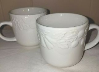 Coffee Tea Cups Set Of Two (2) Gibson White China Embossed Grapes Leaves Motif
