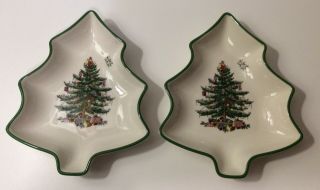 Set Of 2 Spode Christmas Tree Shaped 6” Green Trimmed Candy,  Nut Or Mints