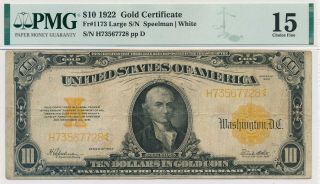 Usa 10 Dollars 1922 Gold Certificate Fr 1173 Large S/n H73567728 Ppd - Pmg F 15