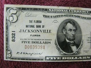 1929 5 Dollar " The Florida National Bank Of Jacksonville " Currency