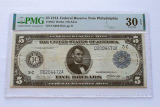 1914 $5 Philadelphia Federal Reserve Note Fr.  852 - Pmg Very Fine Vf 30epq - C2c