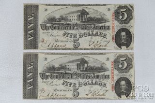 1863 $5 Confederate States 2 Consecutive Notes T - 60 Richmond Va Civil War 20261