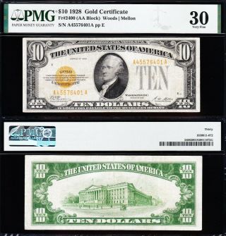 Awesome Crisp Choice Vf,  1928 $10 Gold Certificate Pmg 30 76401a