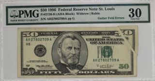 1996 $50 Federal Reserve Note St.  Louis Pmg Vf 30 Gutter Fold Error (709a)
