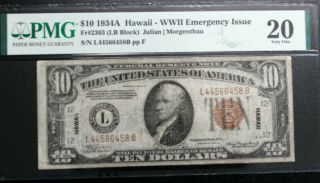 Fr 2303 1934 - A $10 Hawaii Wwii Emergency Note Lb Block Pmg 20 Very Fine