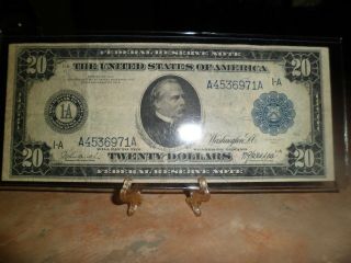 1914 $20 Federal Reserve Note Blue Seal 1 - A Boston Massachusetts