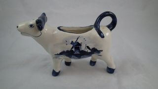 Hand Painted Blue Delft Cow Cream Pitcher/creamer With Windmill And Flowers Blue