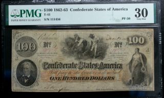 T - 41 1862 $100 Confederate Paper Money Pmg 30 Very Fine Pf - 50 Csa Rarity (8)
