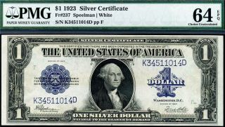 Hgr Saturday 1923 $1 Silver Certificate ( (stunning Example) Pmg Choice Unc 64epq