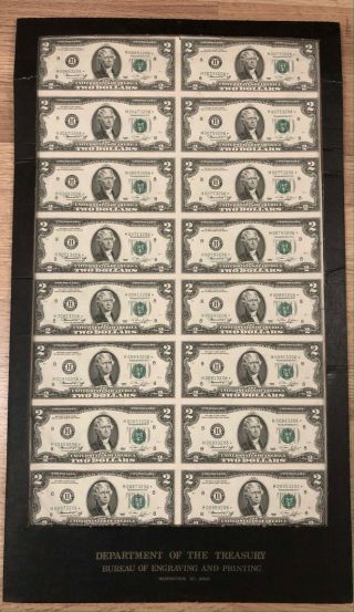 Series 1976 Uncut Sheet Of 16 Two Dollar $2 Uncirculated Us Currency Bills