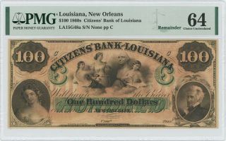 1860s $100 Citizens Bank Louisiana Orleans Pmg Ch Unc Ms64
