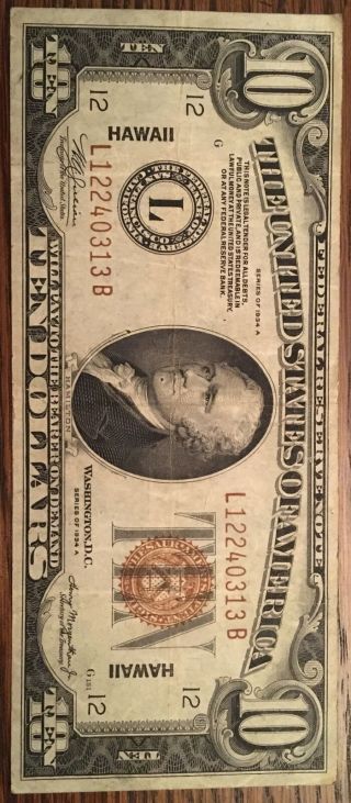 L12240313b 1934a Brown Seal Hawaii In Fine Ten Dollar Note