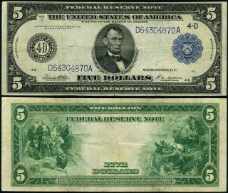 Fr.  859 B $5 1914 Federal Reserve Note Cleveland Vf,  Type B