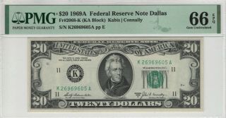 1969 A $20 Federal Reserve Note Dallas Fr.  2068 - K Pmg Gem Unc 66 Epq (605a)