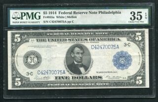 Fr.  855a 1914 $5 Frn Federal Reserve Note Philadelphia,  Pa Pmg Choice Vf - 35epq