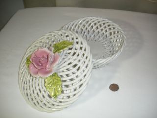 Vintage Bassano Lidded Bowl,  Pottery,  White Lattice Weave W/ Applied Roses