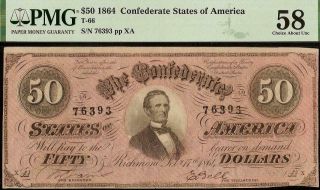 1864 $50 Dollar Bill Confederate States Note Civil War Paper Money T - 66 Pmg 58