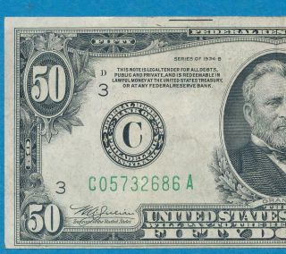 $50.  1934 - B Mule Philadelphia Green Seal Federal Reserve Note Au
