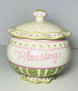 Home And Garden Party Blessings Covered Bowl Stoneware Green Pink