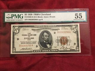 Fr.  1850 D $5 1929 Federal Reserve Bank Note Cleveland D - A Block Gem Pmg 55