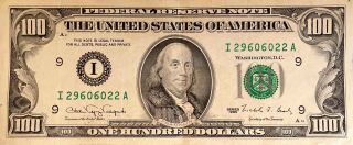 1990 $100 One Hundred Dollar Bill Federal Reserve Note