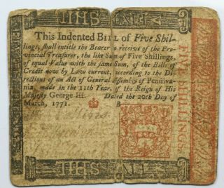 1771 Pennsylvania March 20 Five Shillings Colonial Note 5s - Fr.  Pa - 146