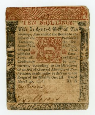 (pa - 147) March 20,  1771 10 Shillings Pennsylvania Colonial Currency Note
