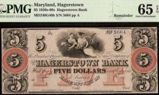 Gem 1800s $5 Dollar Hagerstown Bank Note Large Currency Paper Money Pmg 65 Epq